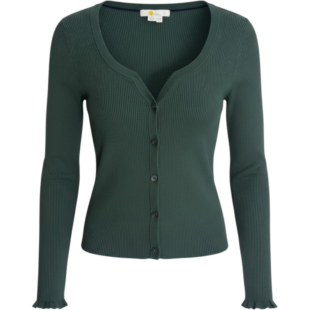 Boden Forest Green Ribbed Sweetheart Cardigan Scalloped Cuff Sweater US 6 UK 10